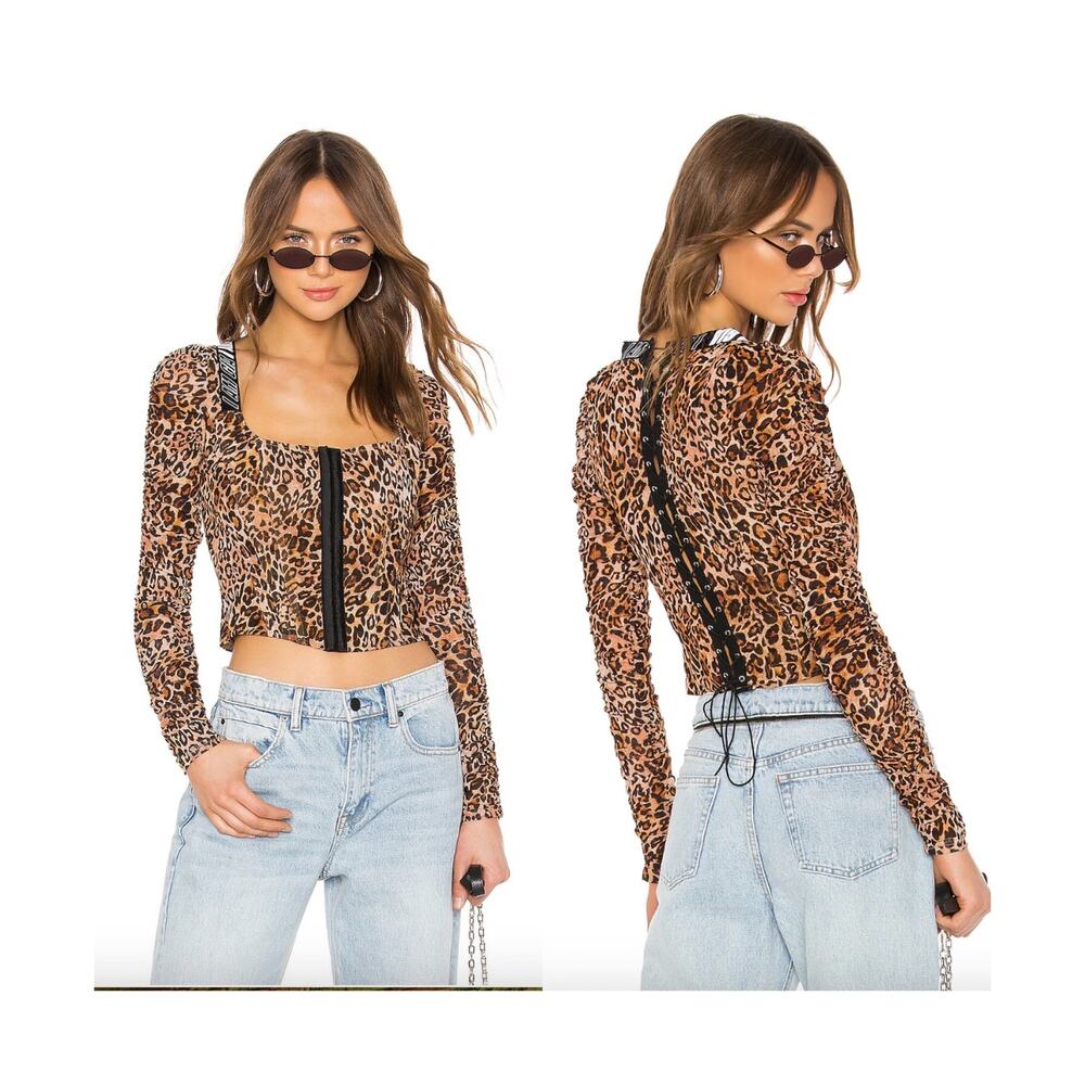 I.AM.GIA Chelsea Corset Top Leopard Animal Print Lace Up Long Sleeve XS